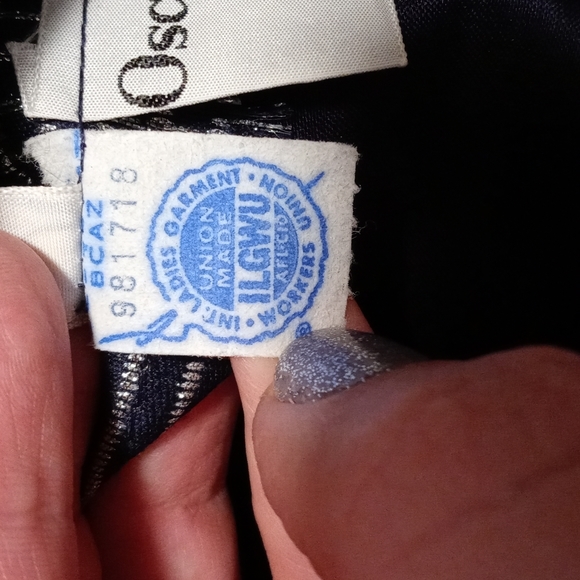 💙VTG 1960s Oscar de la Renta💙 - Navy Silk & Silver Metallic Plaid Mod D - Picture 4 of 16